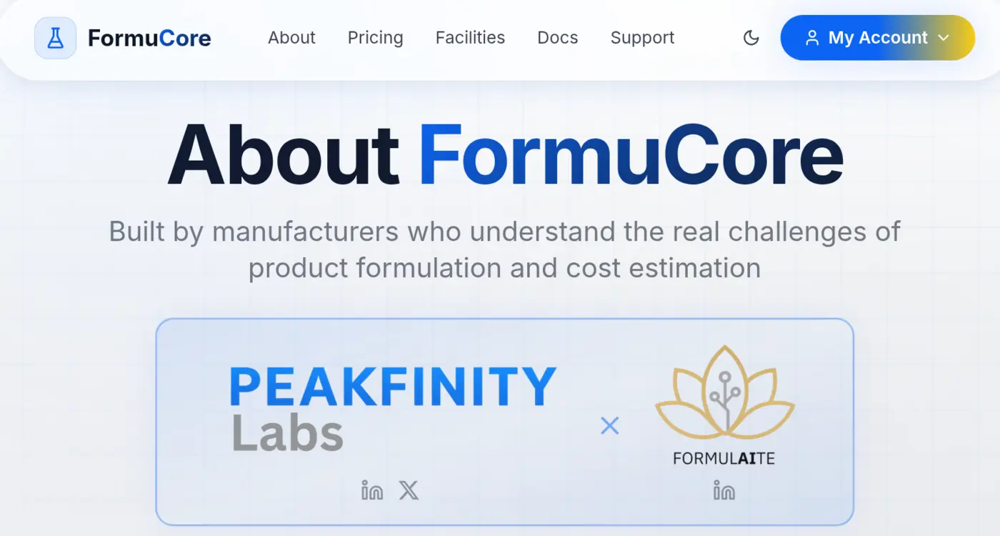FormuCore CDMO formulation interface used by Vasu Healthcare and Peakfinity Labs